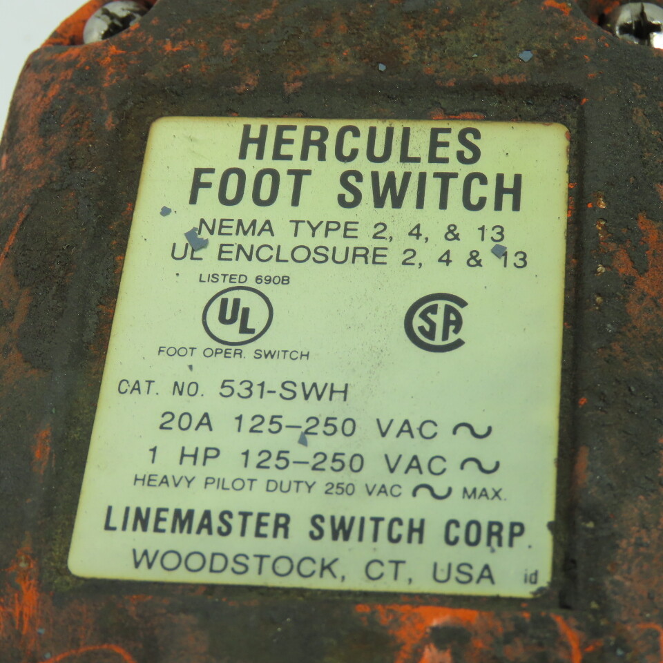Hercules 531-SWH 250V AC 1Hp 20A Foot Pedal Operator Switch