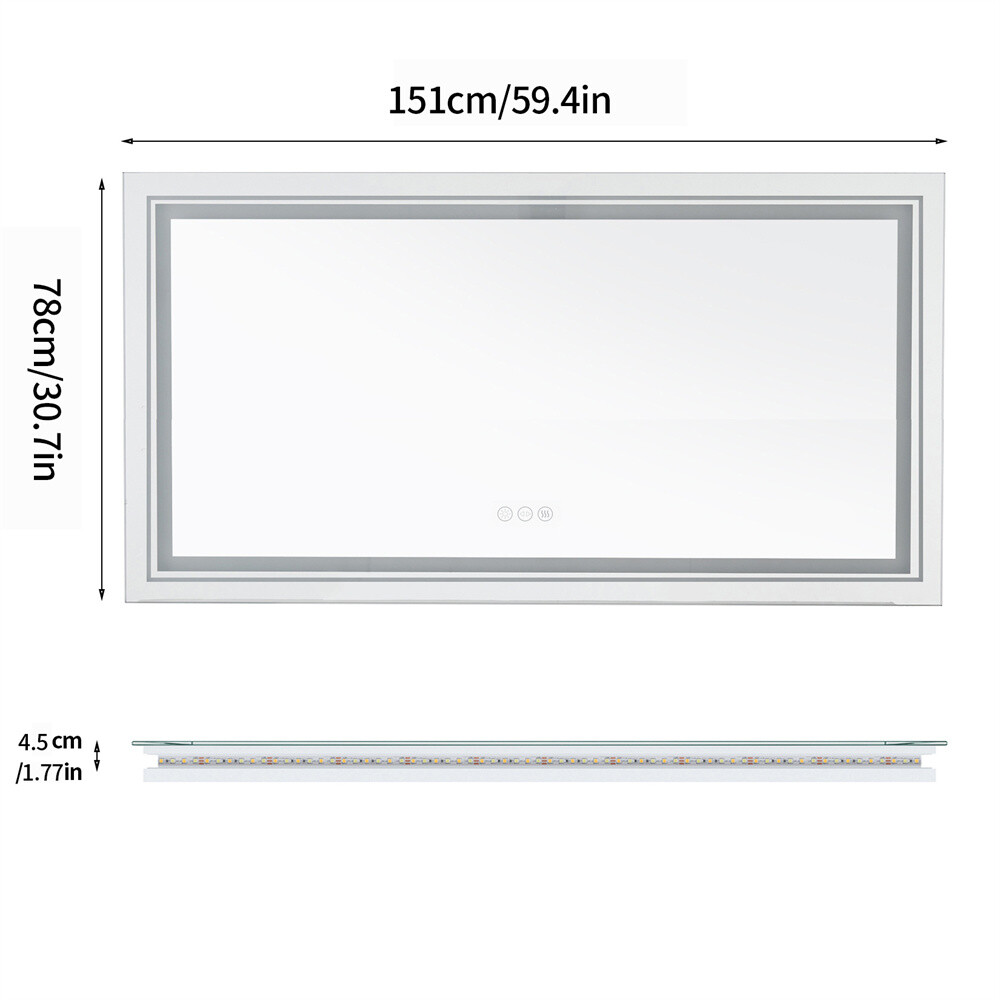 60x31'' Large LED Bathroom Vanity Mirror with Front Lights + Backlit Dimmable HD