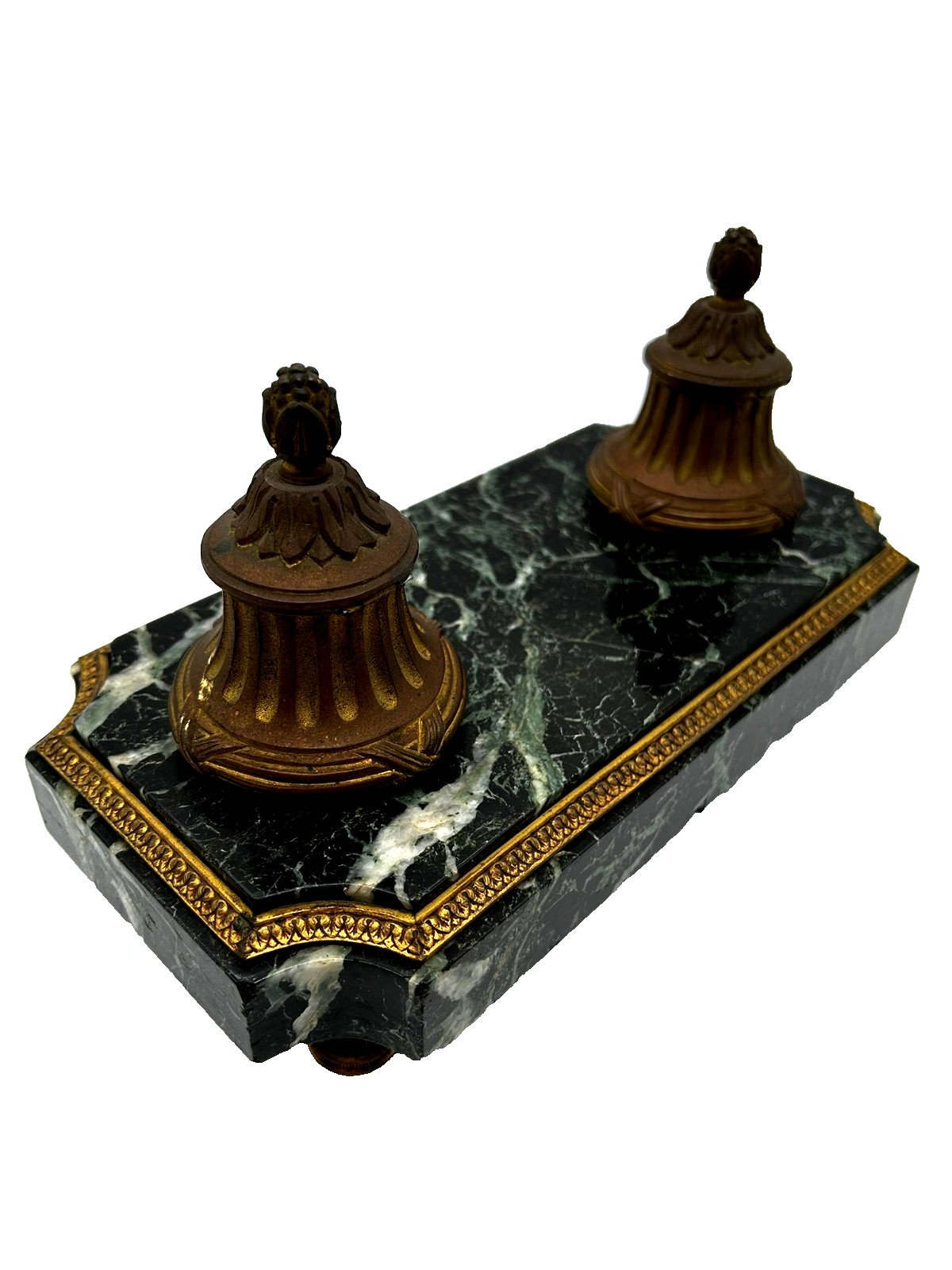 Antique Green Empire Marble and Bronze Inkwell