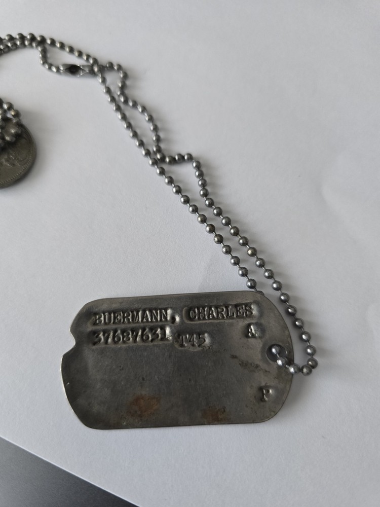 WWII US Army Dog Tag Charles A Buermann 37687857 T43 w/ Chain Coins