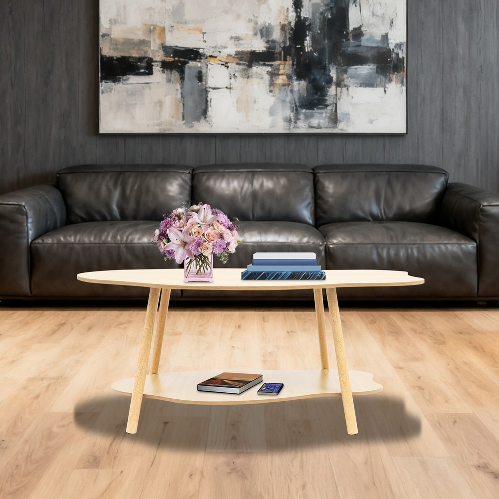 Cloud-shaped Coffee Table Double Layer Center Table for Living Room Light Walnut