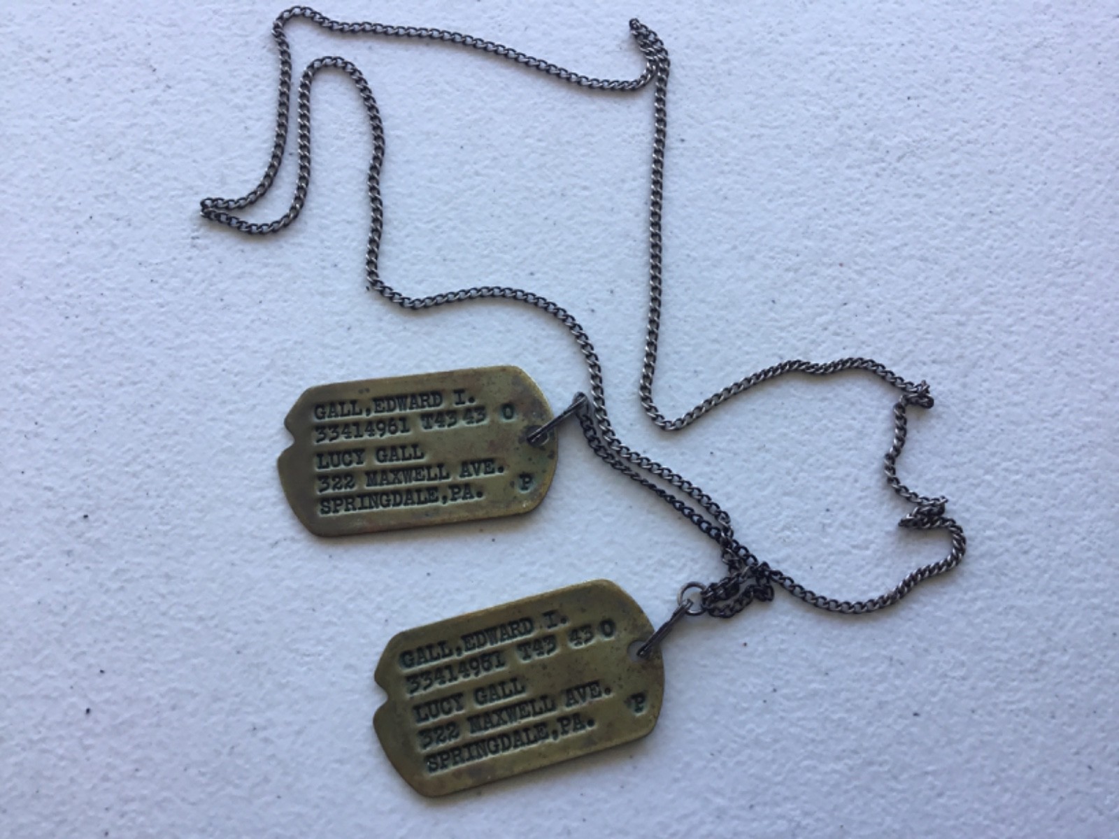 WWII Brass Notched Dog Tags On Sterling J-Hook Chain T-43 P
