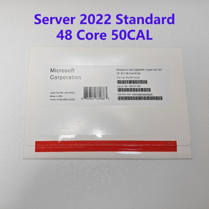 Microsoft Windows server 2022 Standard 48 Core License 50 CAL Key DVD & COA