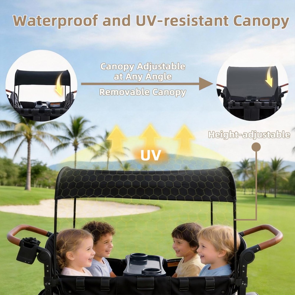 4 Seater Wagon Stroller Foldable Lightweight w/ Canopy & Safety Harnesses