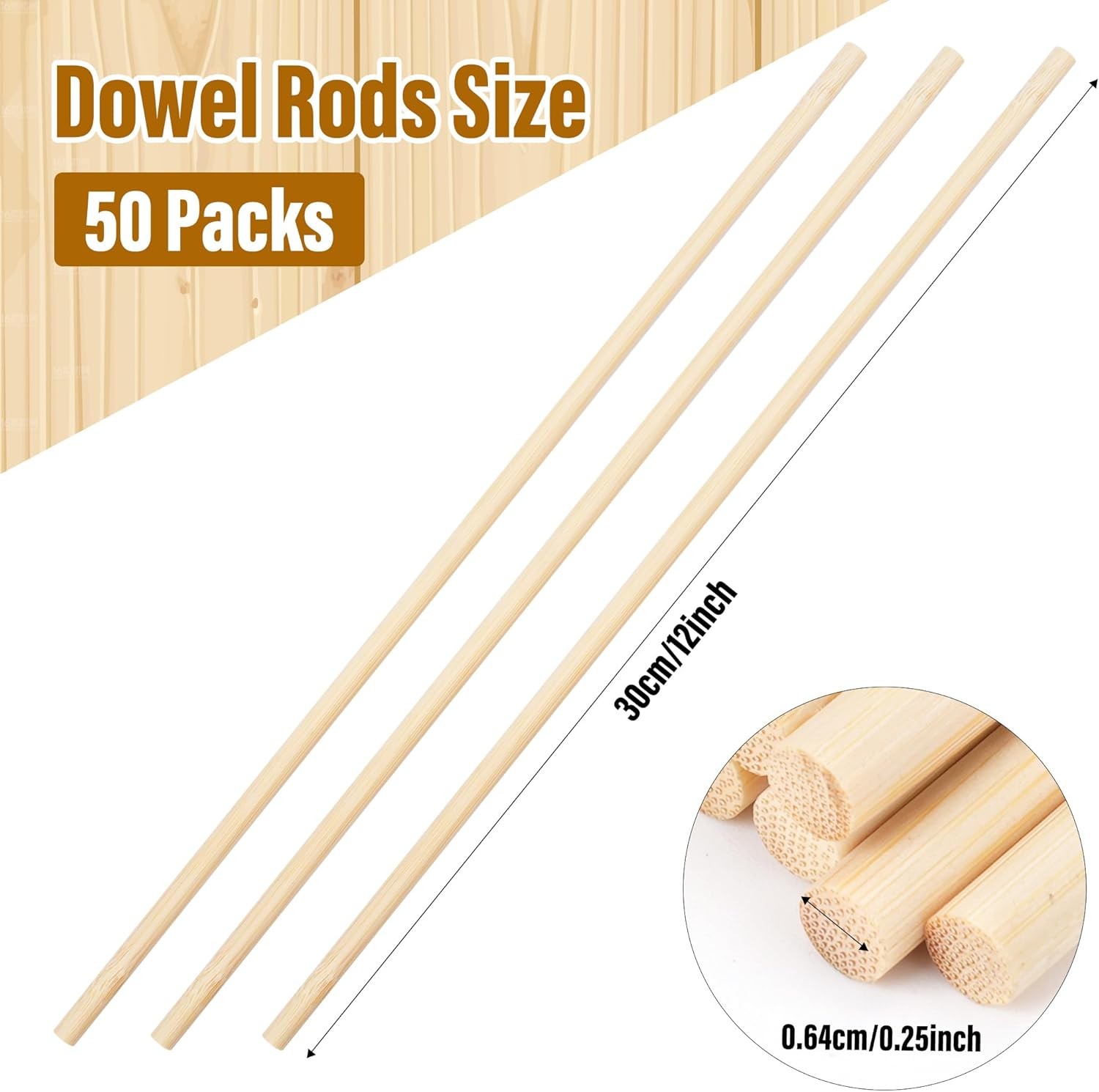 50Pcs Wooden Dowel Rods 1/4 x 12 Inch Wood Sticks for Crafts, Precut Wooden...