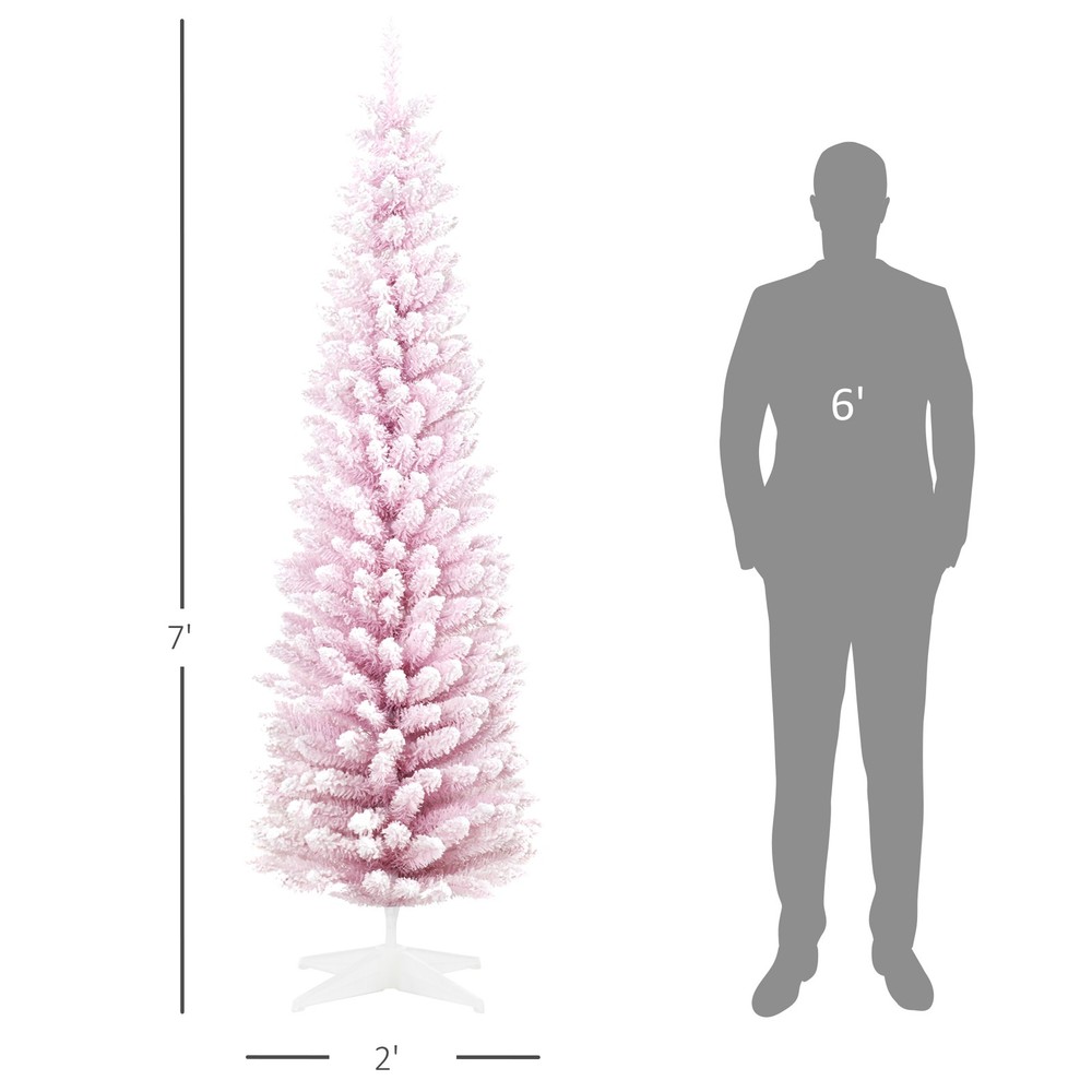 7' Snow Flocked Artificial Christmas Tree Slim with Stand, Pink