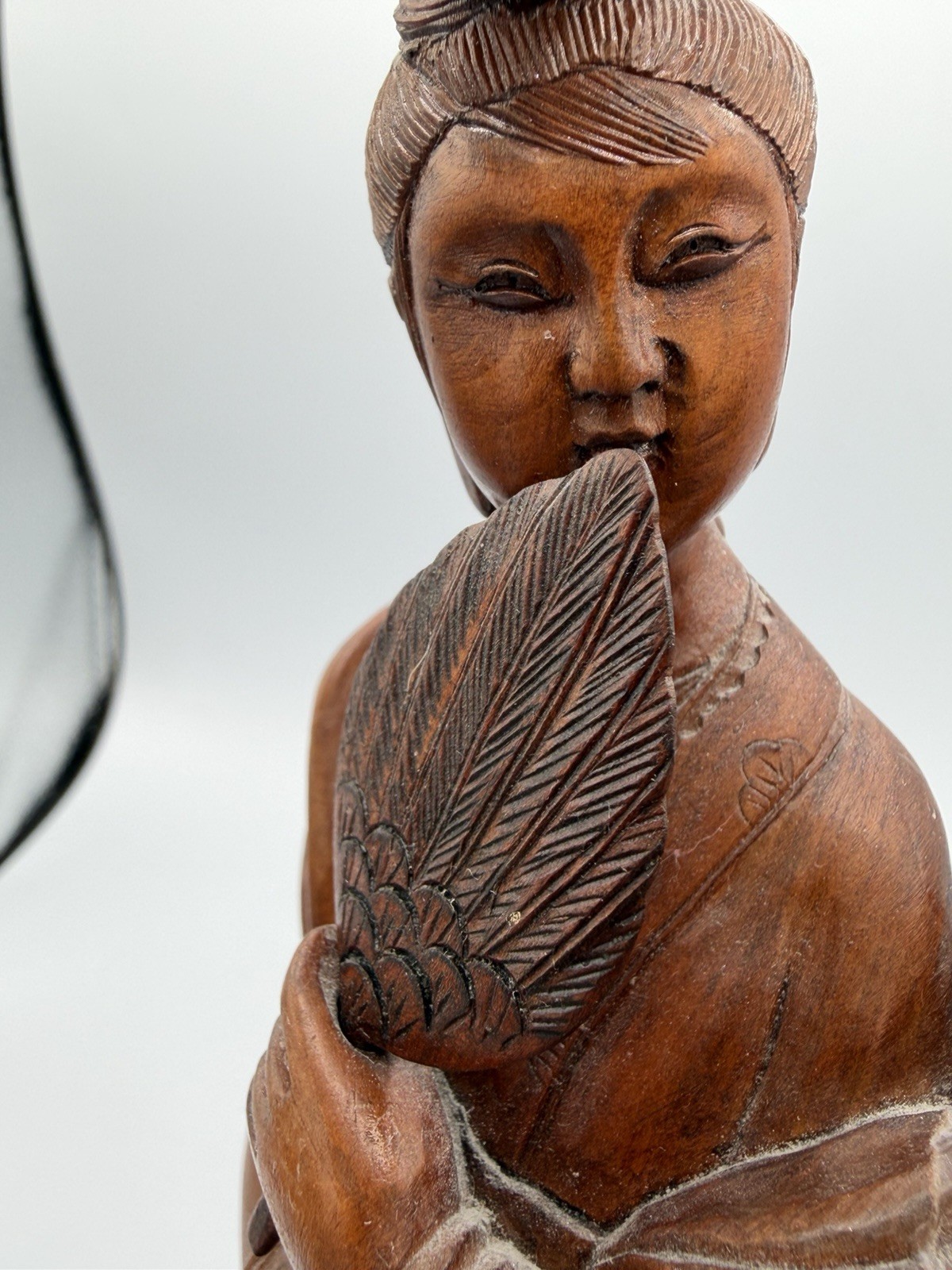 Vintage Hand Carved Wood Geisha Figurine Woman With Fan Asian Statue 9”