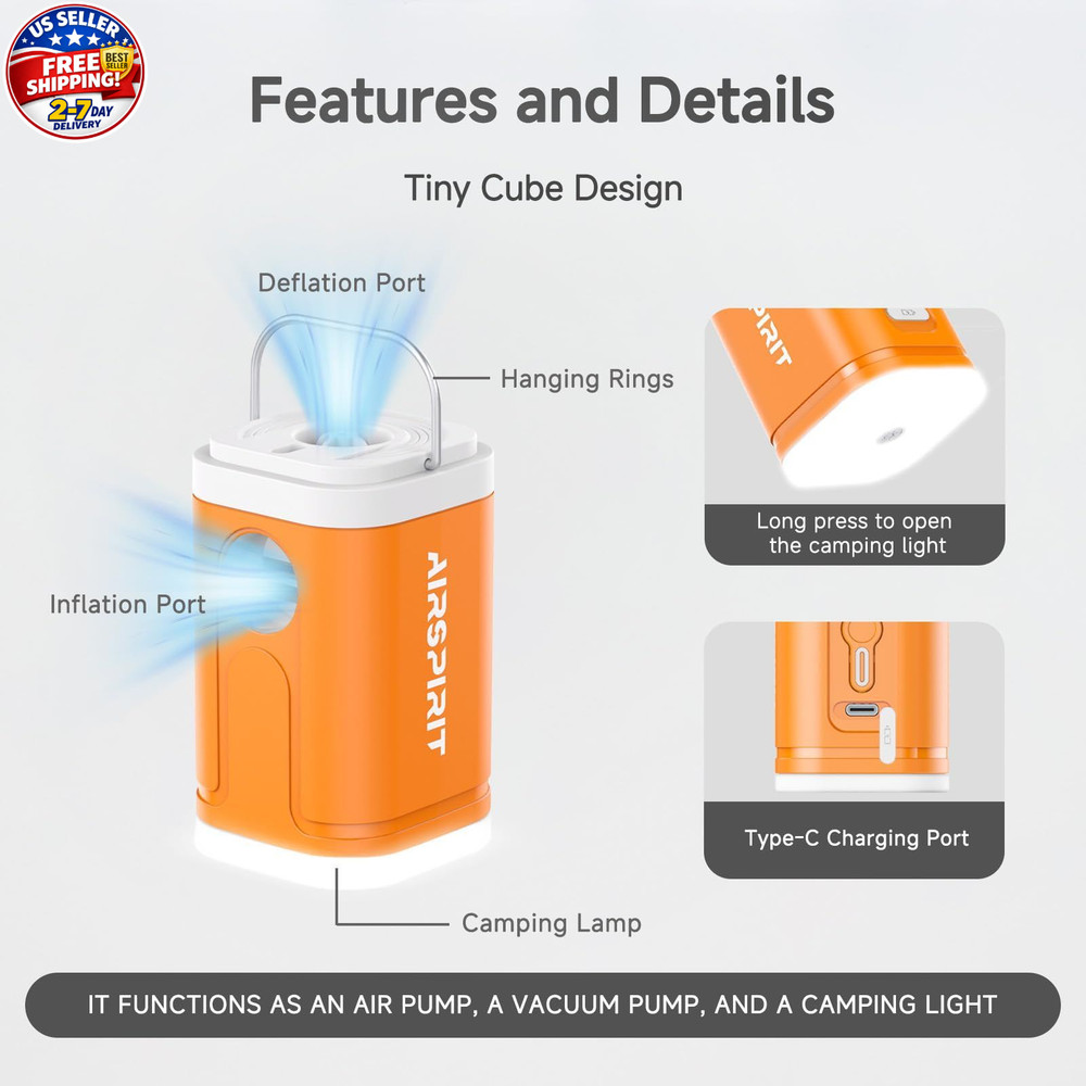 Air Pump for Inflatables with Camping Light, Tiny Electric Inflator Deflator