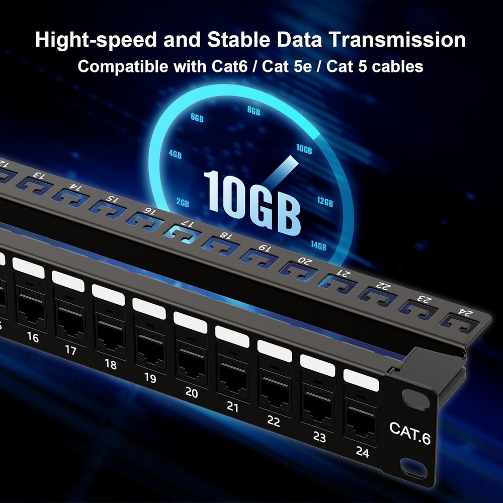 Iwillink 10Gbps Patch Panel 24 Port, RJ45 through Coupler Cat6 19” Patch Panel