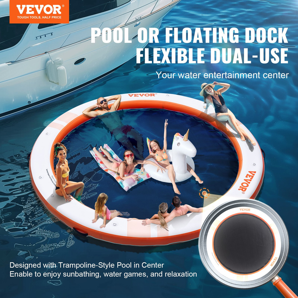 Inflatable Floating Dock, ø8FT Inflatable Dock Platform with ø5FT Trampoline Me