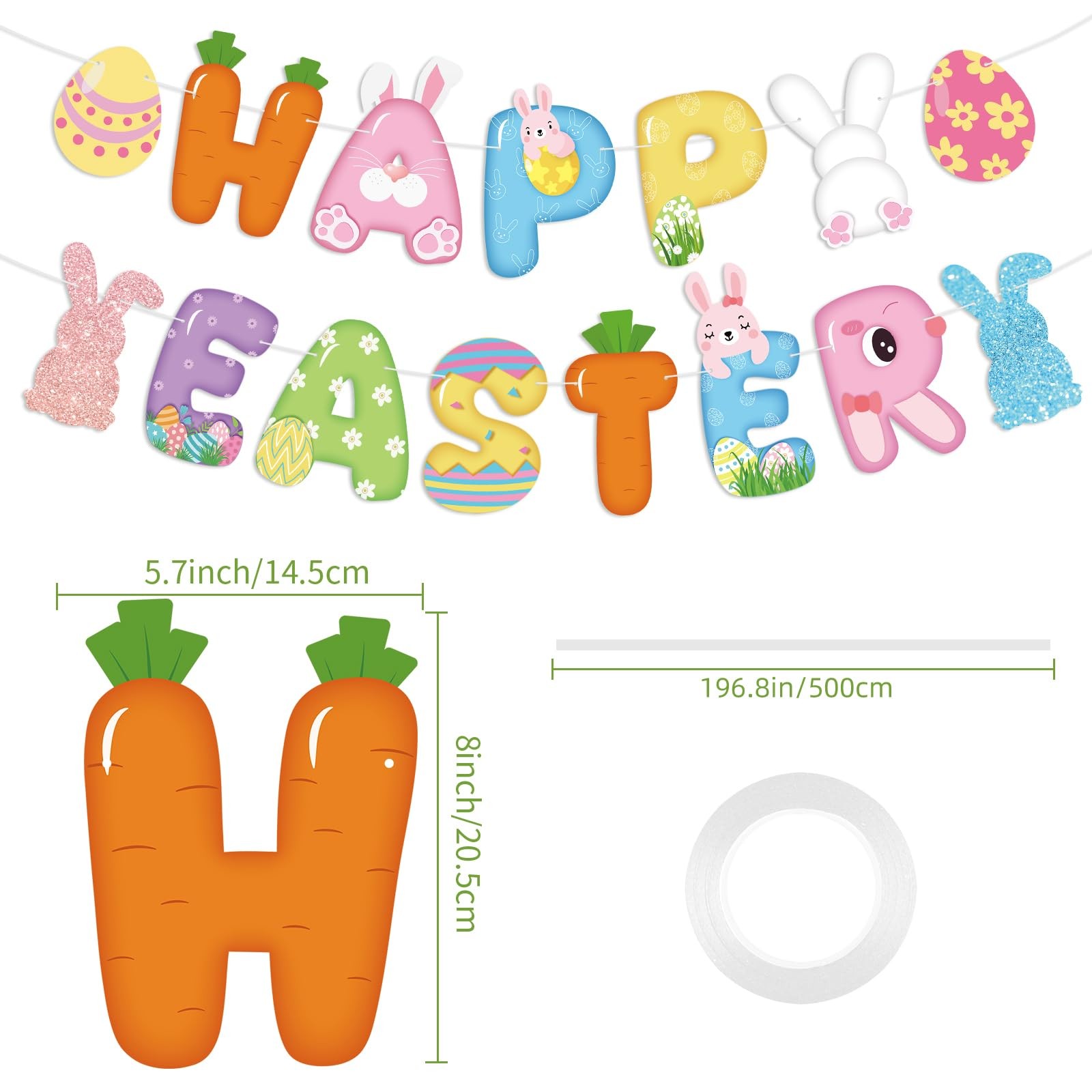 Happy Easter Banner Sign Bunny Eggs For Spring Party Outdoor Porch Decor Art