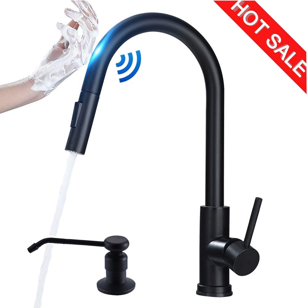 Black Automatic Touch Sensor Kitchen Faucet Pull Out Sprayer with Soap Dispenser