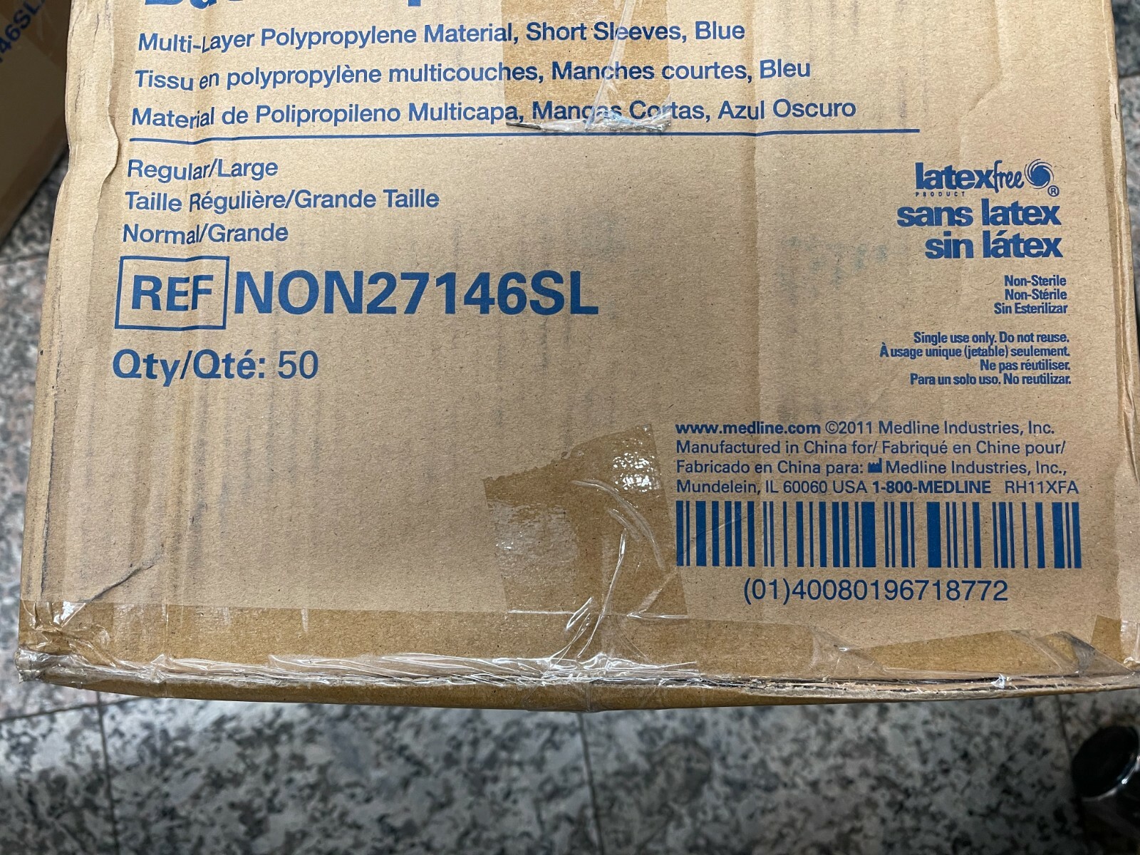 Case of 50 Medline Disposable Patient Gowns Multi-Layer Blue Short Sleeves Large