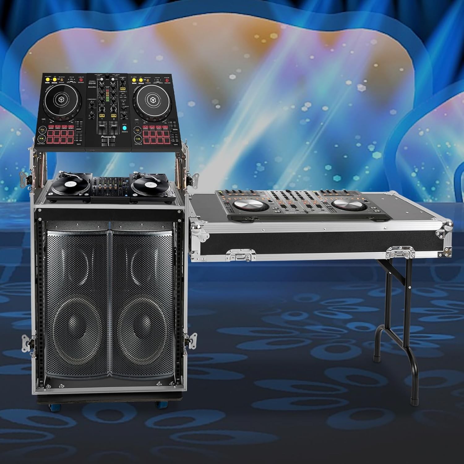 PA DJ Rack w/ 2-tier DJ Table Top 14 Space Rack Case w/ Slant Mixer Top & Caster