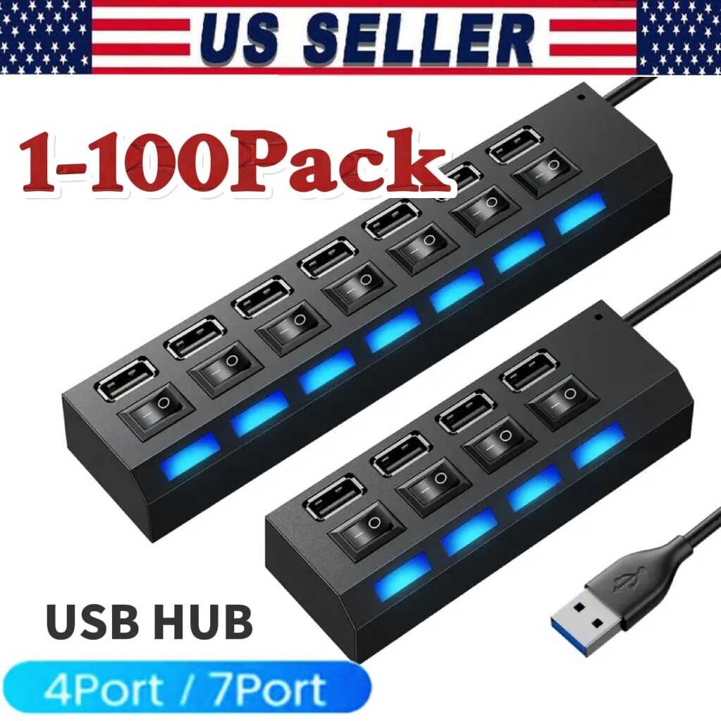 USB Hub 7 Port On/Off Switch High Speed Splitter AC Adapter Cable PC Laptop Lot