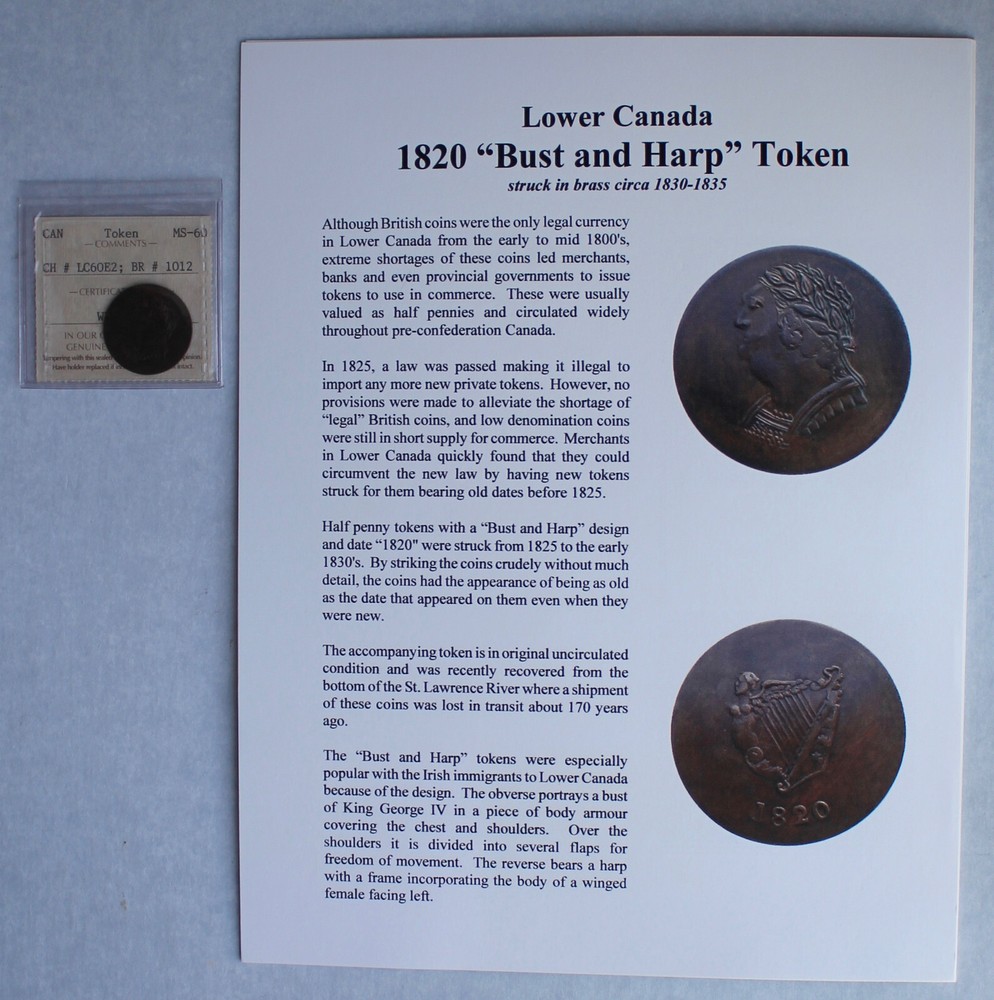 1820 Lower Canada BUST & HARP TOKEN CH#LC60E2 - BR# 1012 - ICCS MS-60