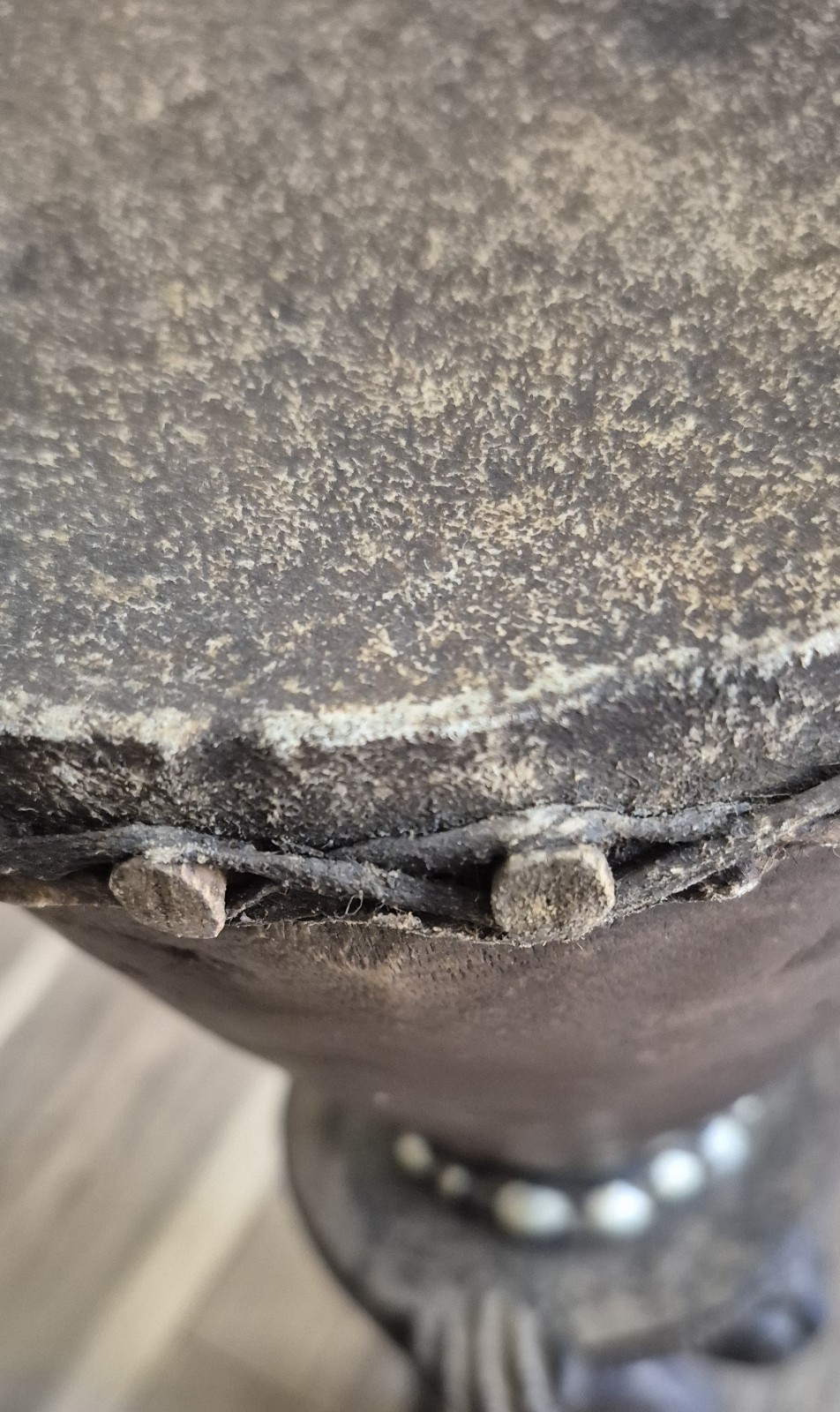 African Luba Female Wood Statue With Drum 21"H 7.5"W