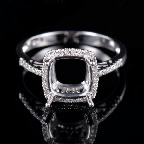Cushion Cut 8×8mm Natural Diamond Semi Mount Ring Setting Solid 14K White Gold