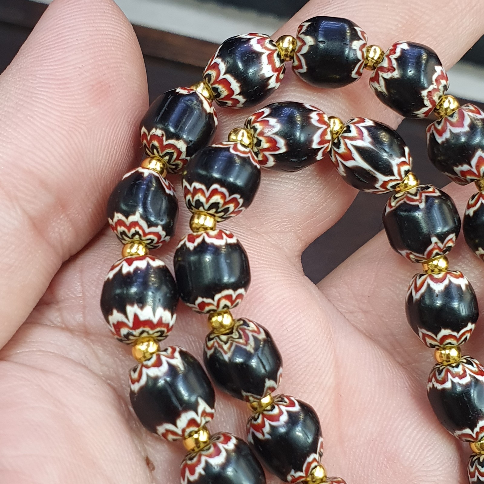 Vintage Venetian Style beads Old African black Glass Chevron Beads Long Strand