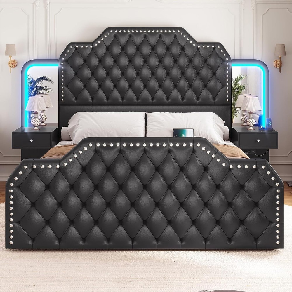 Queen Size Bed Frame with 4 Drawers &2 Nightstands with Mirror, Platform Bed
