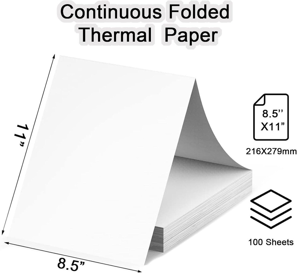 Thermal Printer Paper 8.5" x 11" Folded Continuous Folding Paper, 100 Sheets