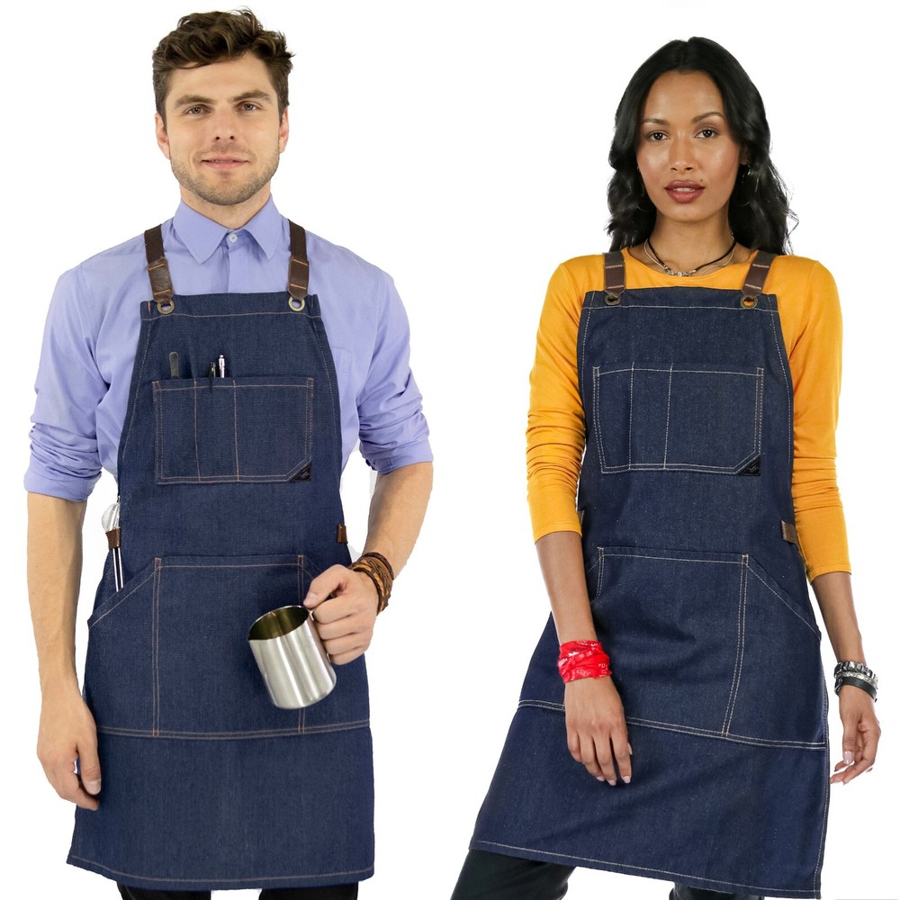 Work Apron - Pro Denim or Twill, Leather Trim, CrossBack - Chef, Bartender