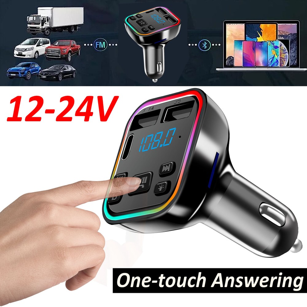 2pc Bluetooth5.0 Car Wireless FM Transmitter Adapter 2USB PD Charger Hands-Free