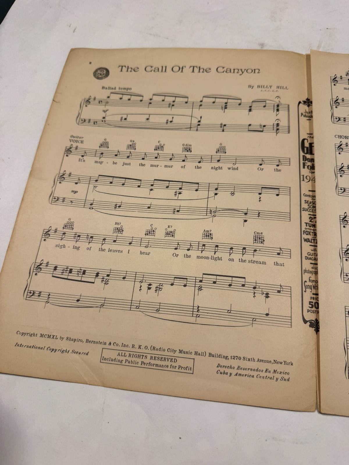 FREE SHIP! 1940 The Call of the Canyon Bill Hill Doris Rhodes Sheet Music