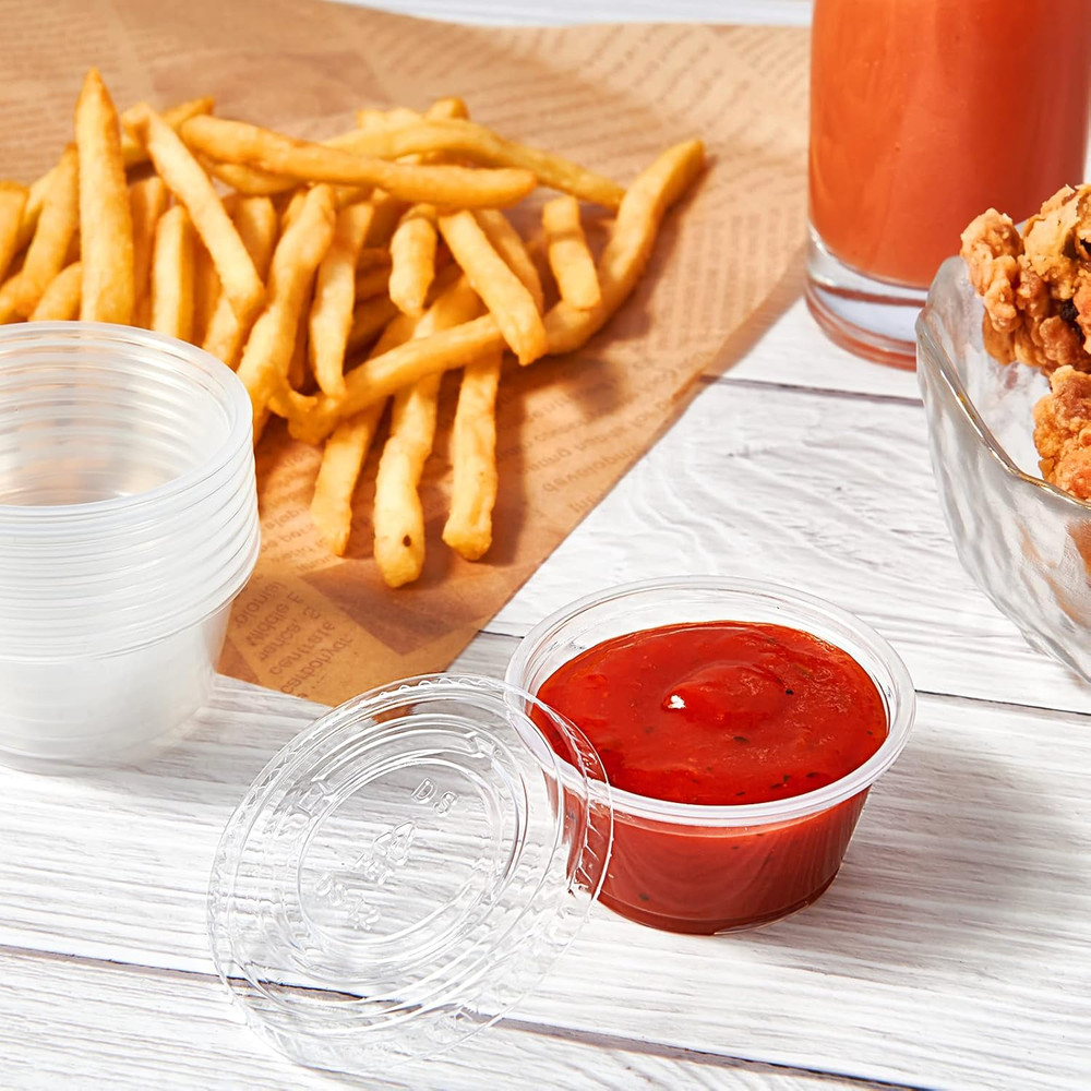 200 Sets 2 Oz Disposable Plastic Portion Cups with Lids, Small Plastic Condiment
