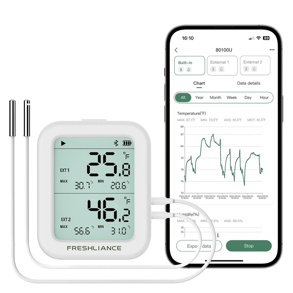Freshliance Temperature Humidity Data Logger Recorder Bluetooth with 2Pcs Extern