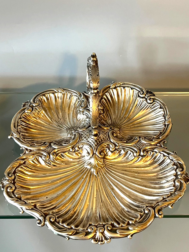 Antique Silver Plate Triple Shell Footed Serving Tray