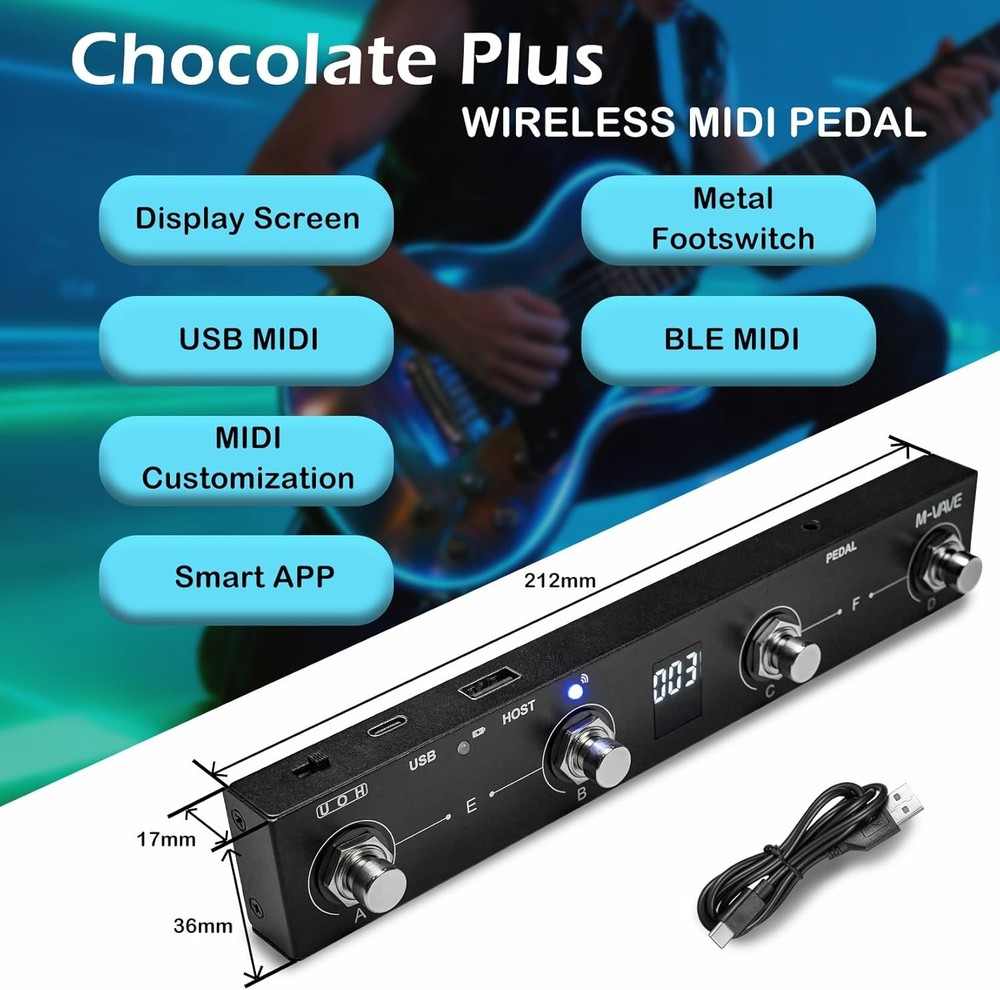 Chocolate Plus Wireless MIDI Foot Controller 4 Buttons BT Rechargeable, APP...