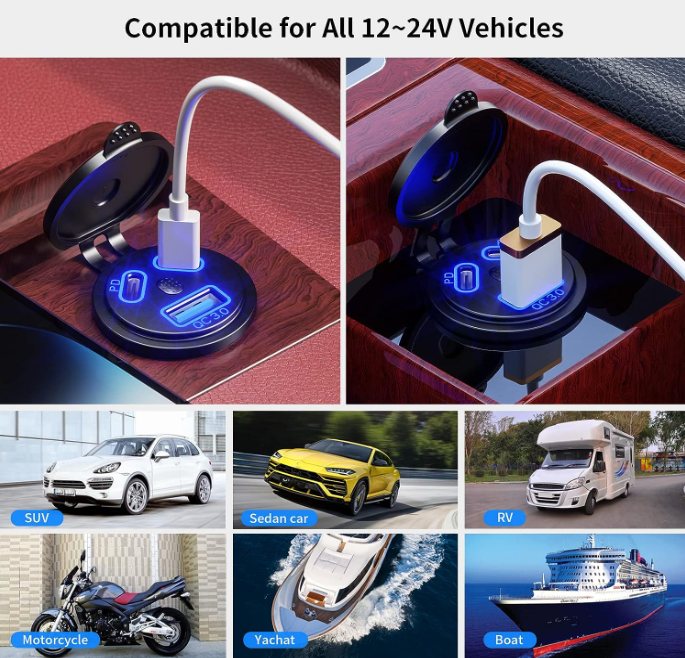 12V USB QC3.0A Quick Charge Socket & Dual PD Type C Ports--Installation Required