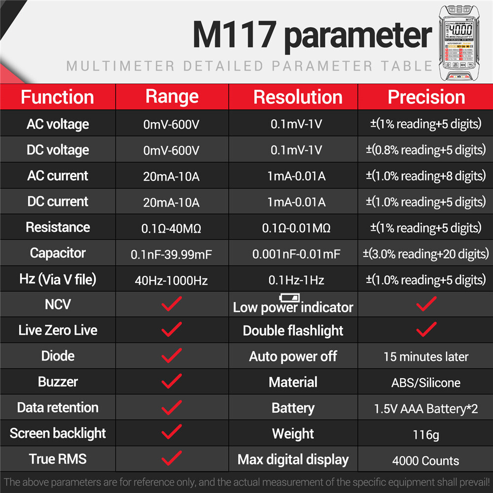 ANENG M117 Digital Multimeter NCV AC/DC Voltmeter Current 4000 Count True RMS