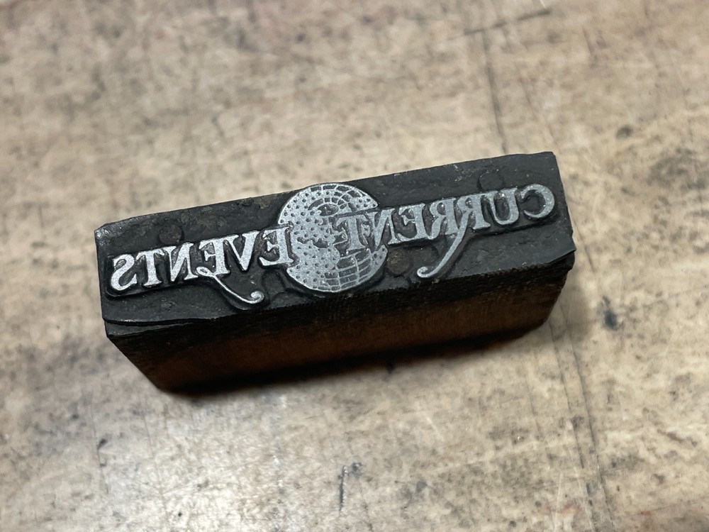 Printing Letterpress Printers Block 'Current Events' Header With Globe (2101)