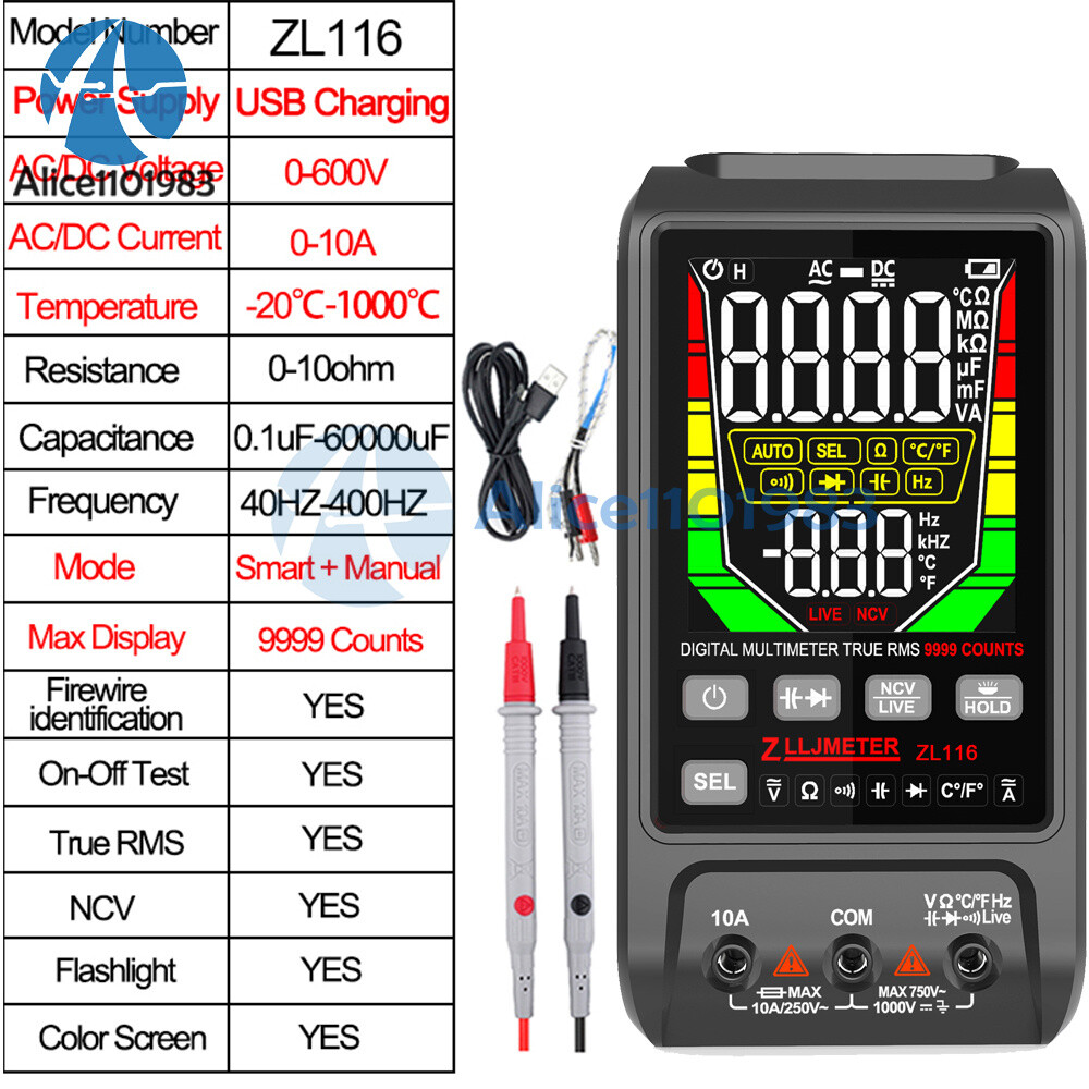 Digital Smart Multimeter AC DC Voltmeter Ammeter Resistance Ohm Meter 9999 Count