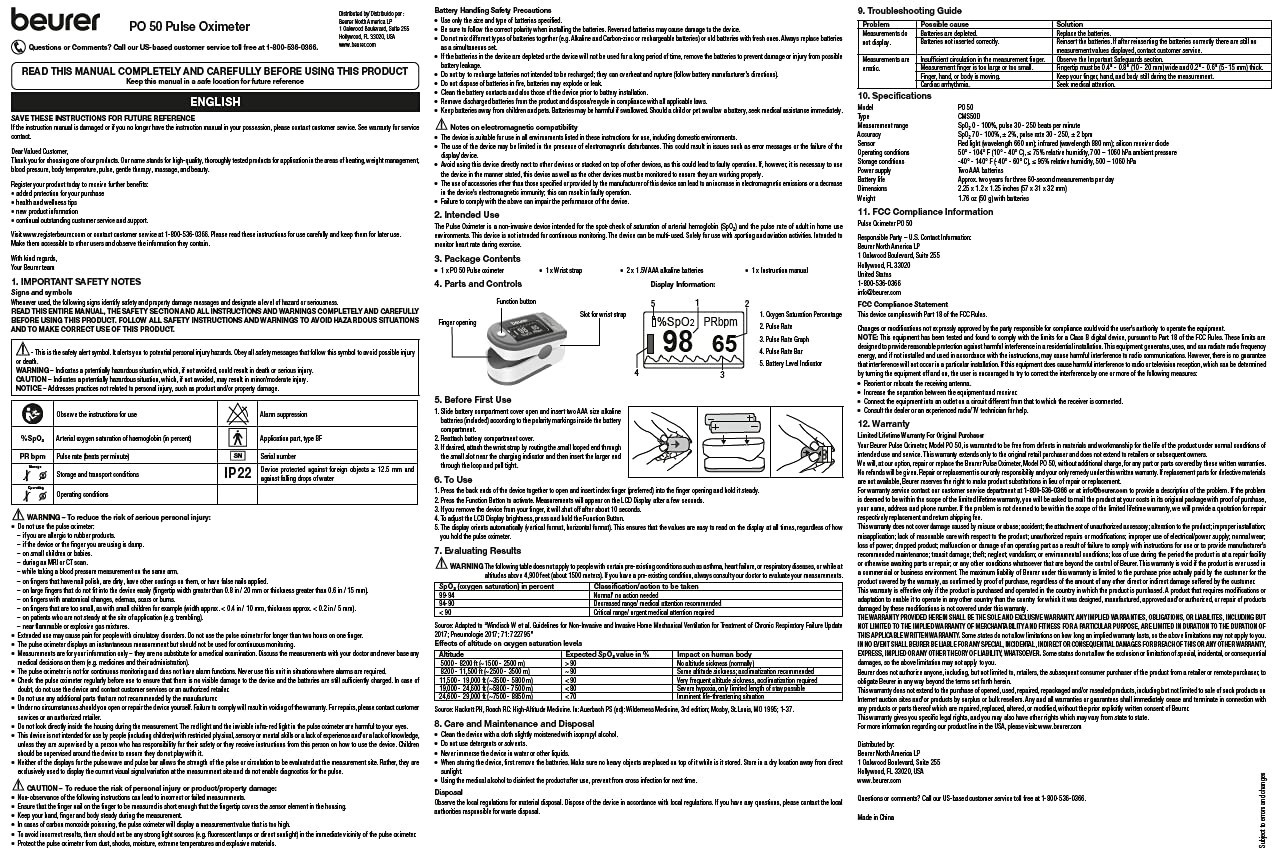 Beurer PO50 Fingertip PULSE OXIMETER, Blood Oxygen Saturation Heart Rate Monitor