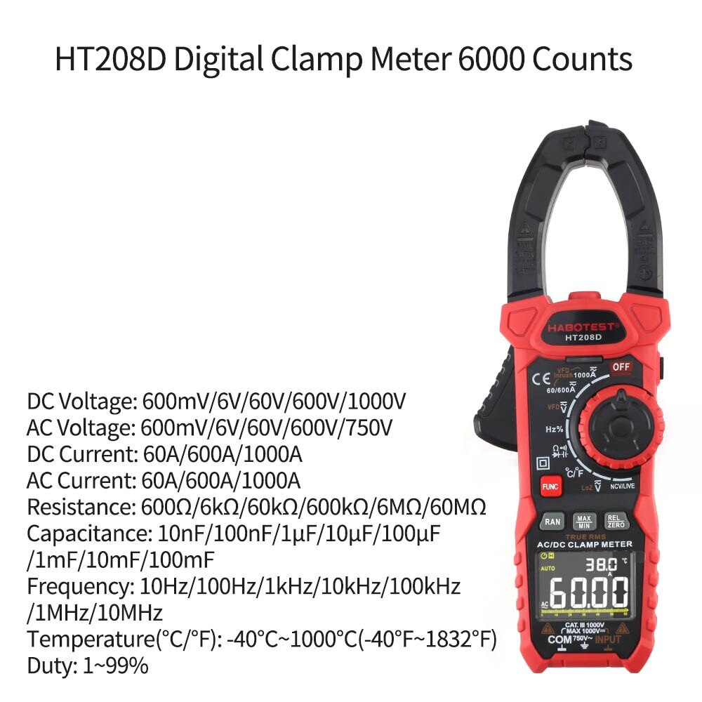 Digital Clamp MeterHT208D Frequency Duty DC AC Voltage Capacitance Resistance