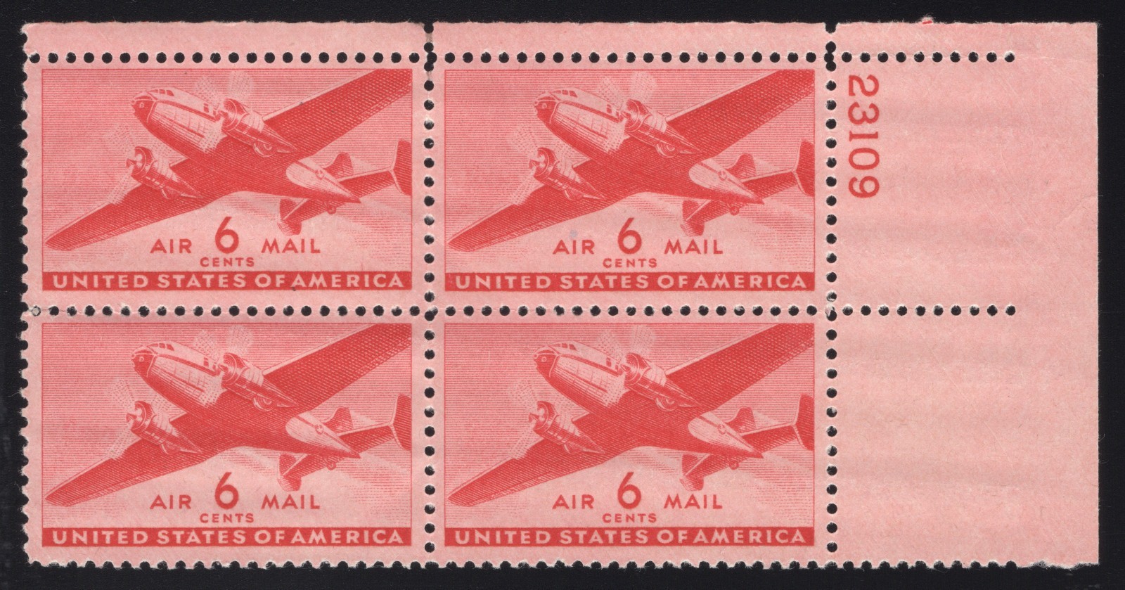 U.S. (Scott C25) 6¢ Transport, Plate Block of 4, Mint-OG-NH VF