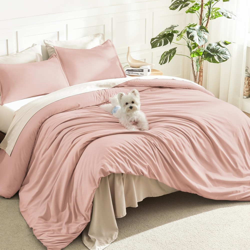 Pink Queen Size Comforter Set, 3 Pieces Blush Plain Bedding Comforter Set, Al...