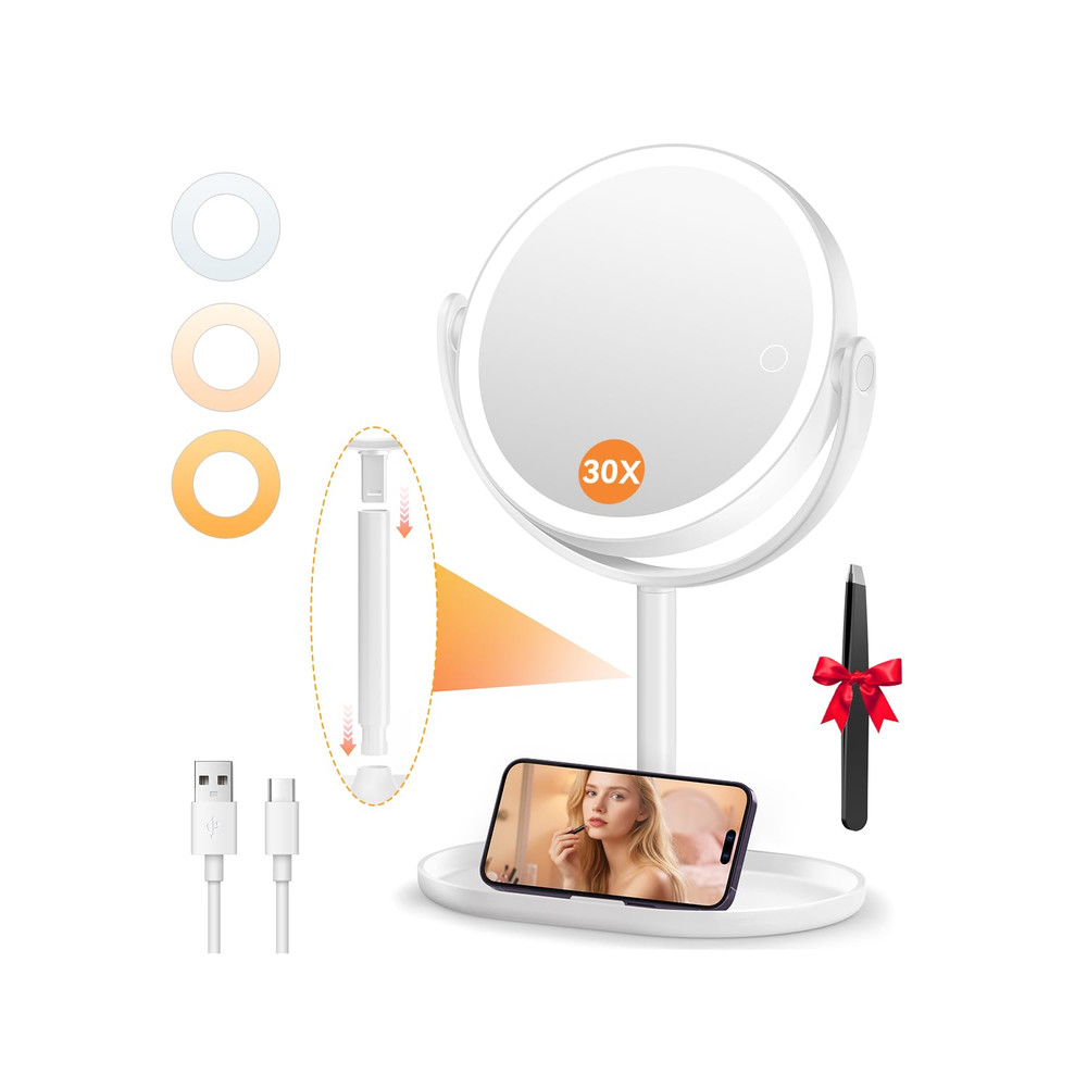 Illuminated Double-Sided 30X/1X Magnifying Touch Screen Makeup Mirror