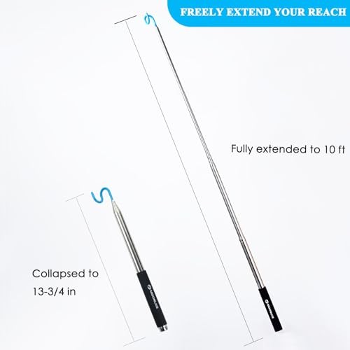 Telescoping Pickup Tool Magnetic Pole with Hook, 10 ft Telescopic Grabber Hook