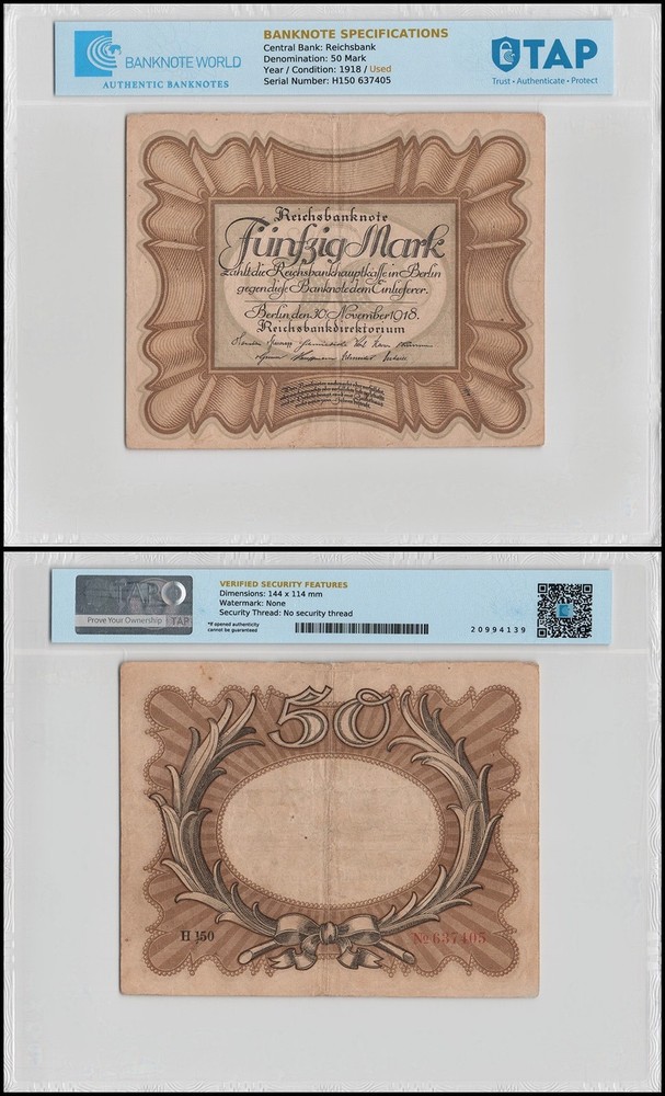 Germany 50 Mark, 1918, P-65, Used TAP Authenticated