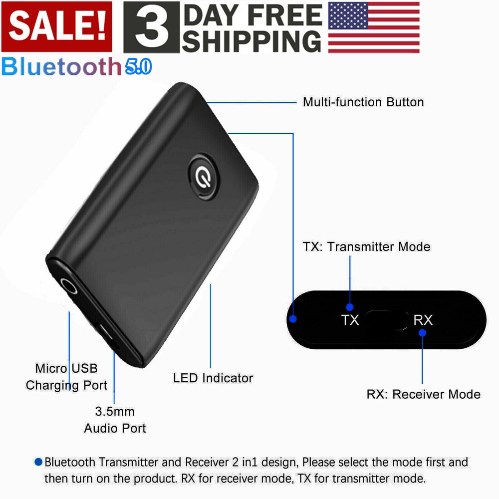 2in1 Bluetooth 5.0 Transmitter Receiver Wireless Audio 3.5mm Jack Aux Adapter US