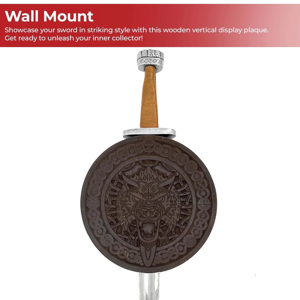 Wolf Guardian Vertical Sword Display Plaque with Hand-Carved Runic Pattern
