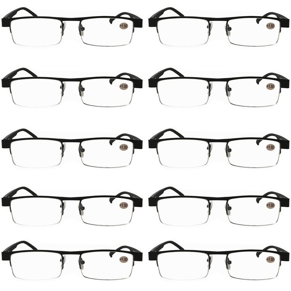 10 Pairs Mens Rectangular Metal Half Frame Reading Glasses Spring Hinge Readers