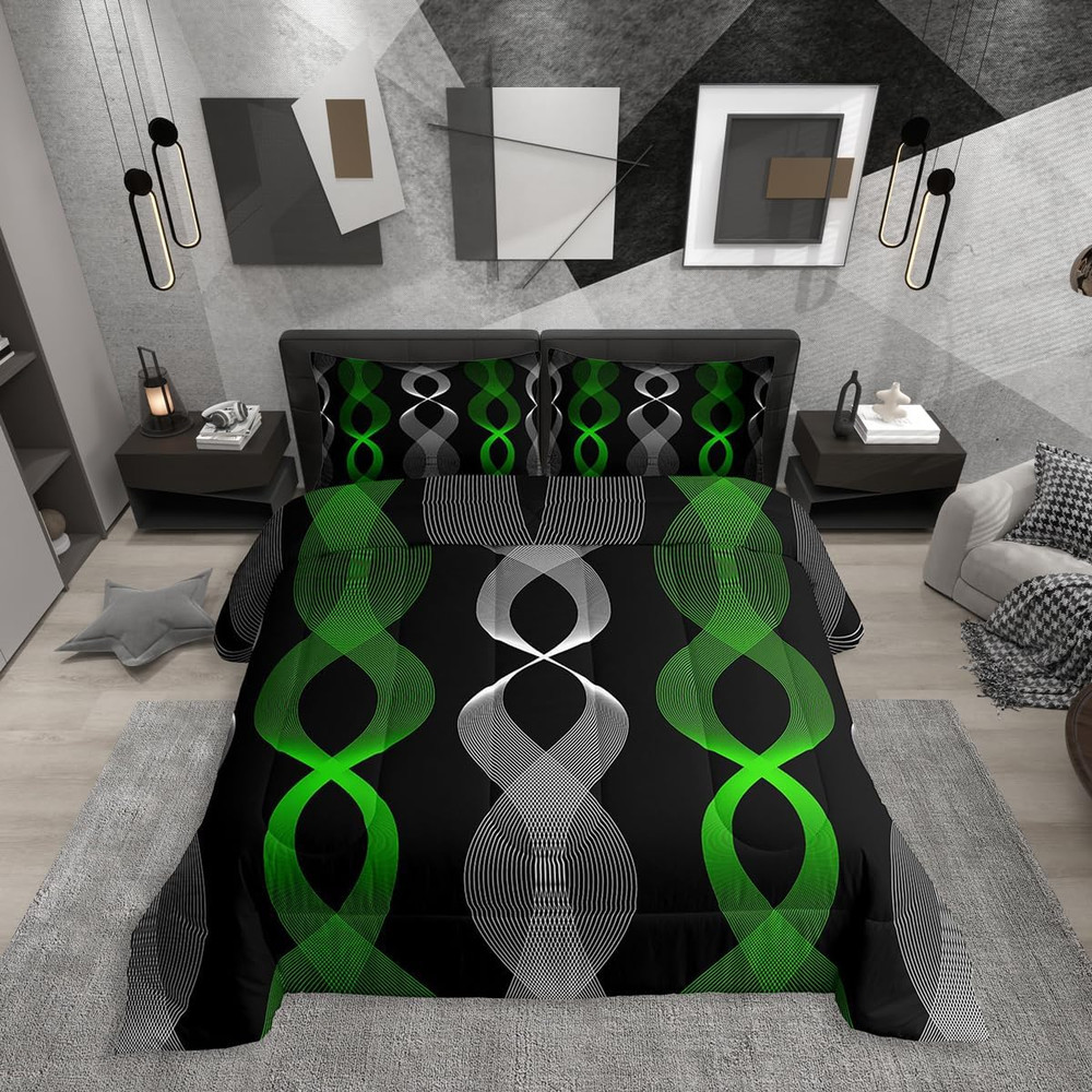 Green & Black Abstract King Comforter Set - Modern Boho Bedding
