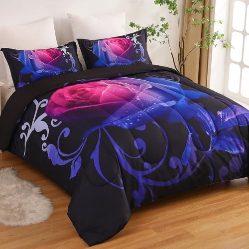 Gradient Rose Comforter Set King Reversible Pink & Blue Rose Pattern Printed