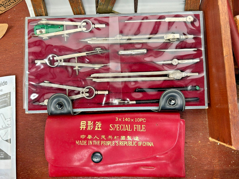 LARGE VINTAGE Tool Lot: Drafting Instruments, Precision Files, Templates & Case