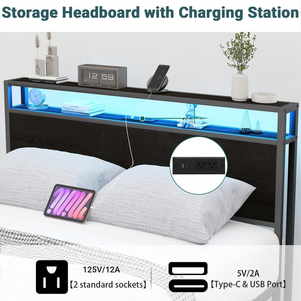 Full Bed Frame with 8 Storage Drawers, Full Metal Bed Frame with LED Light an...